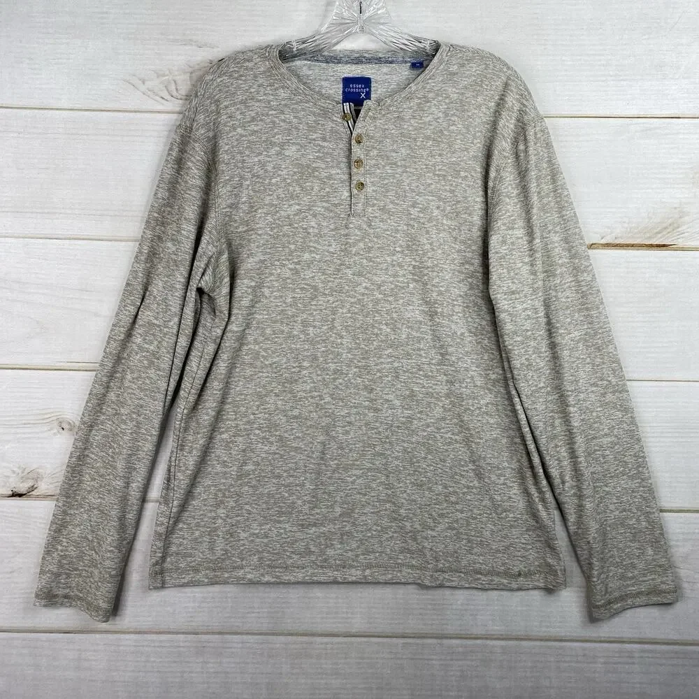 Essex Crossing Henley Shirt Men M Tan Heather Super Soft Stretch Long Sleeve